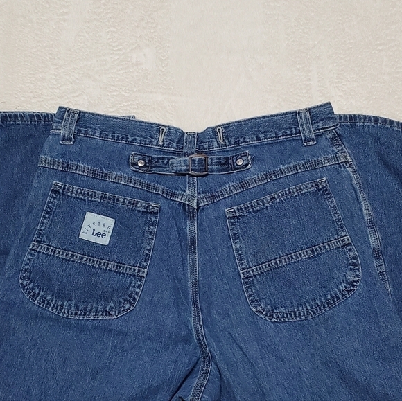VINTAGE 90s Lee Riveted Dark Wash Wide Leg High Rise Skater Loose Fit Jeans - Picture 10 of 13